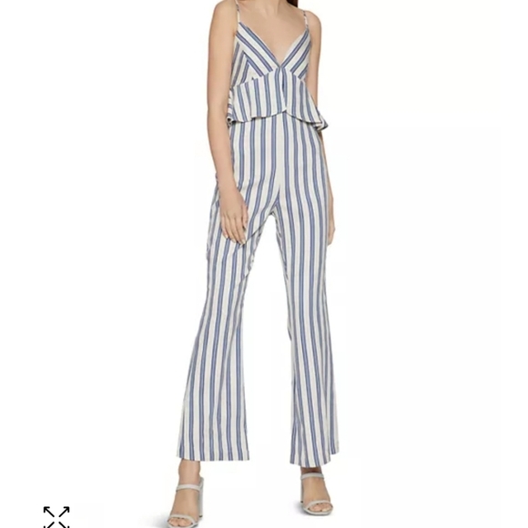 BCBGeneration Gardenia White with Blue Stripes Spaghetti Straped Jumpsuit SZ 4 - Picture 2 of 10